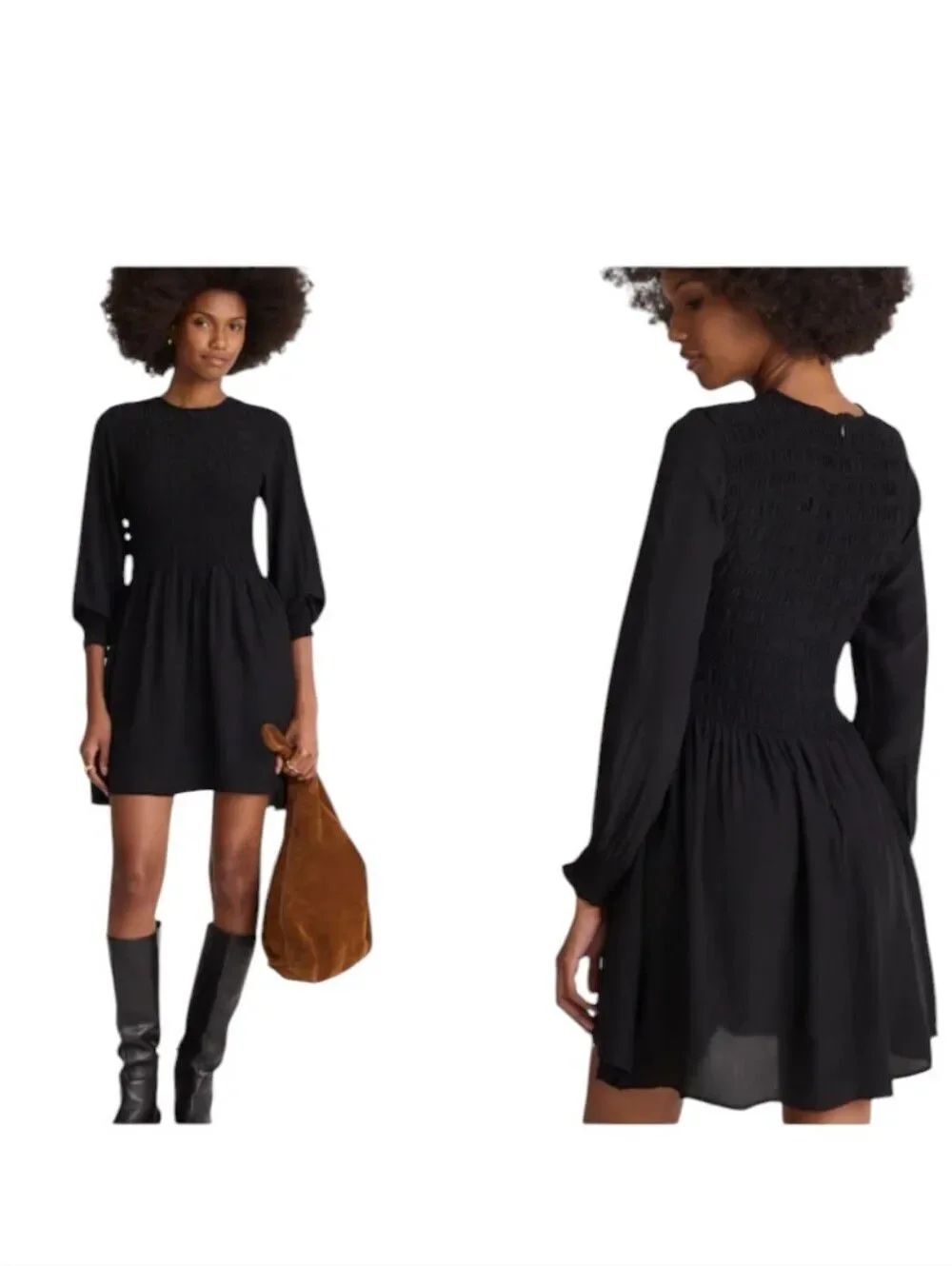 NWT Madewell Verity Long-Sleeve Smocked Mini Dress Black Size S